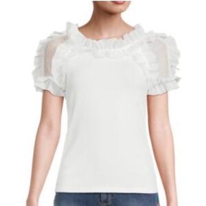 Gracia White Ruffle Mesh Puff Sleeve Top Size Small